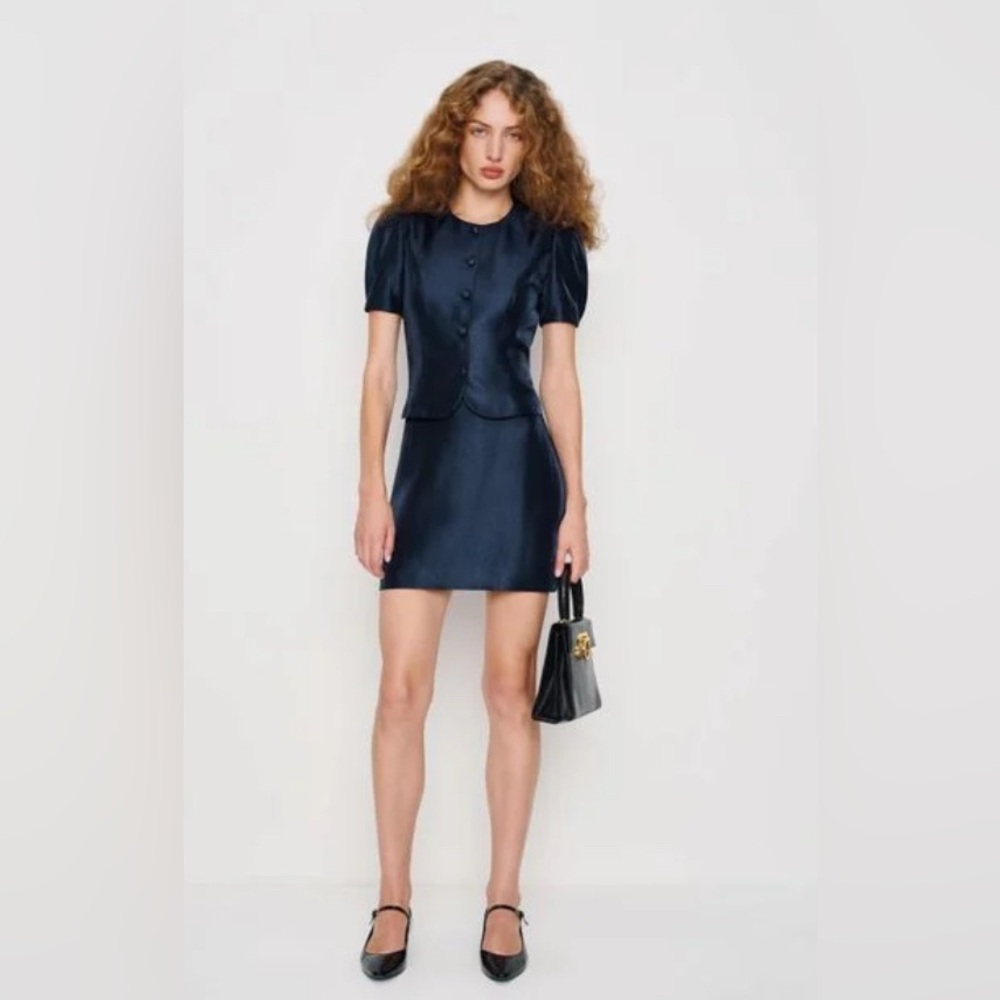 NEW Reformation Mika Satin Navy Blue Puff Sleeve Two-Piece Set Size 4
